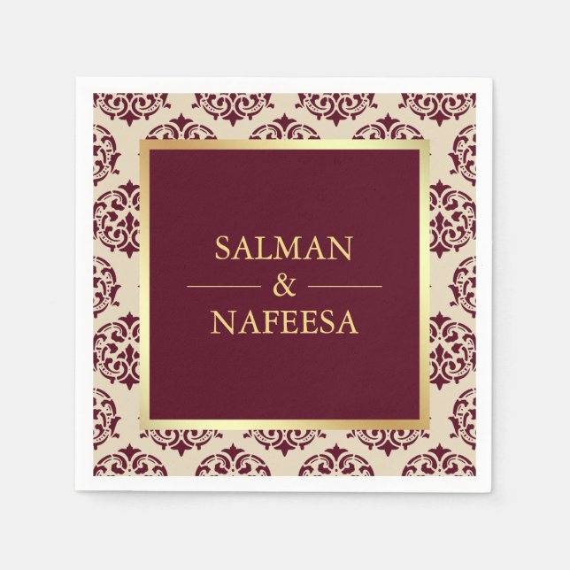 Imitate Gold Foil Burgundy Damask Hochzeit Serviette (Vorderseite)