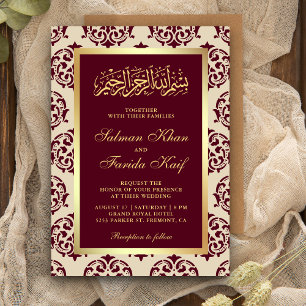 Imitate Gold Foil Burgundy Damask Muslimische Hoch Einladung