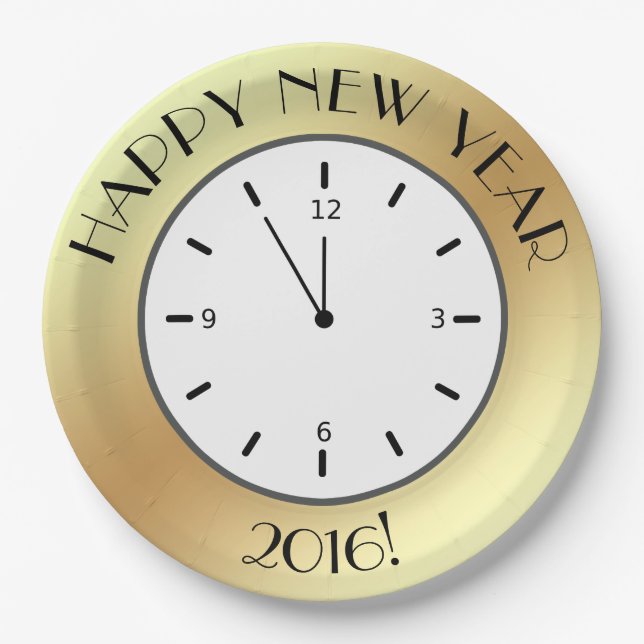 Imitate Gold Foil Clock Mitternacht glücklich Neue Pappteller (Vorderseite)