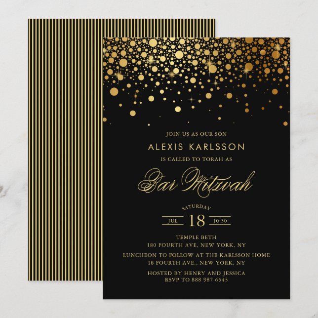 Imitate Gold Foil Confetti Black Bar Mitzvah Einladung (Vorne/Hinten)