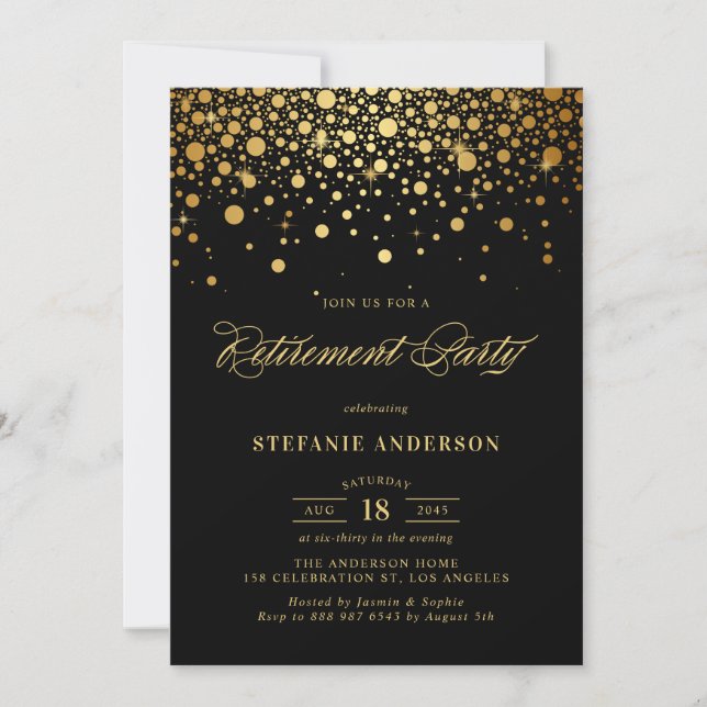 Imitate Gold Foil Confetti Black Retirement Party Einladung (Vorderseite)