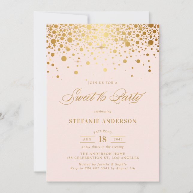 Imitate Gold Foil Confetti Blush Sweet 16 Party Einladung (Vorderseite)
