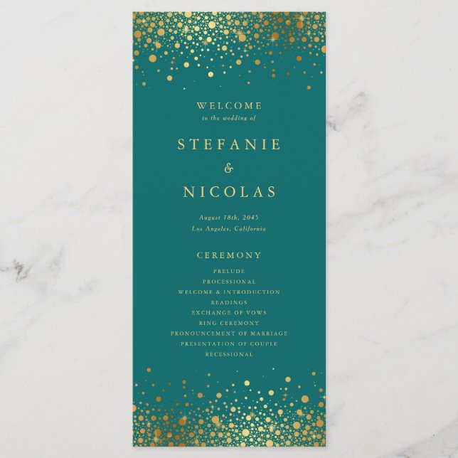 Imitate Gold Foil Confetti Dots Aquamarin Hochzeit Programm (Vorderseite)