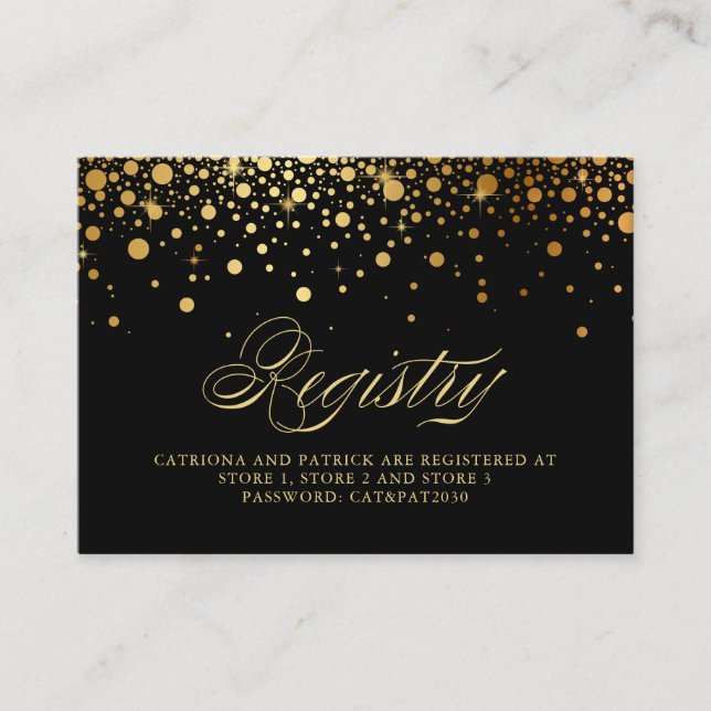 Imitate Gold Foil Confetti Dots Black Registry Car Platzkarte (Vorderseite)