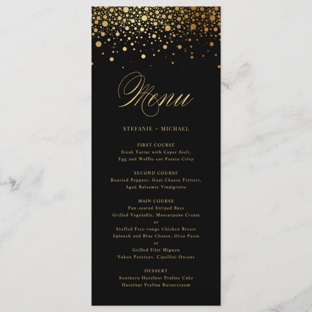 Imitate Gold Foil Confetti Dots Black Wedding Menü Menükarte (Vorderseite)