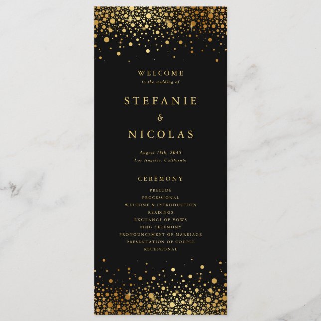 Imitate Gold Foil Confetti Dots Black Wedding Programm (Vorderseite)