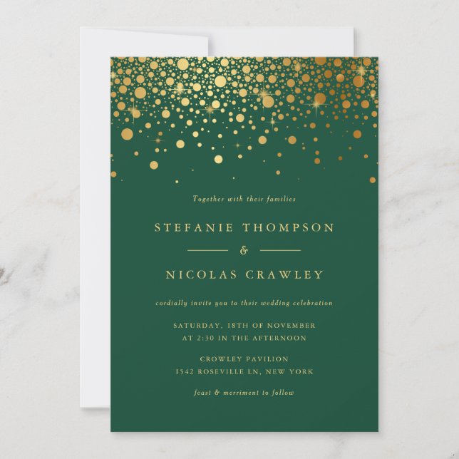 Imitate Gold Foil Confetti Dots Grüne Hochzeit Einladung (Vorderseite)