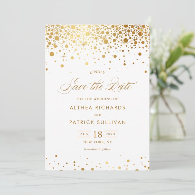 Imitate Gold Foil Confetti Dots Hochzeit Save The Date (Stehend Vorderseite)