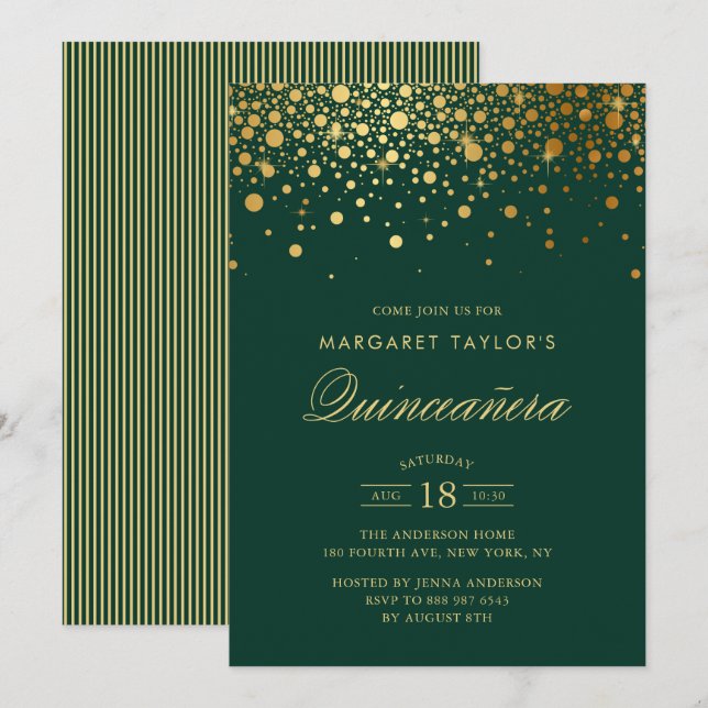 Imitate Gold Foil Confetti Green Quinceañera Einladung (Vorne/Hinten)