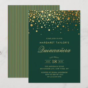 Imitate Gold Foil Confetti Green Quinceañera Einladung