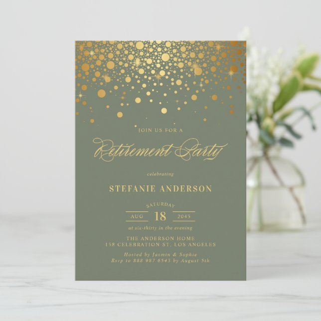 Imitate Gold Foil Confetti Green Retirement Party Einladung (Stehend Vorderseite)