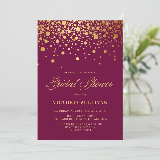 Imitate Gold Foil Confetti Lila Brautparty Einladung (Stehend Vorderseite)