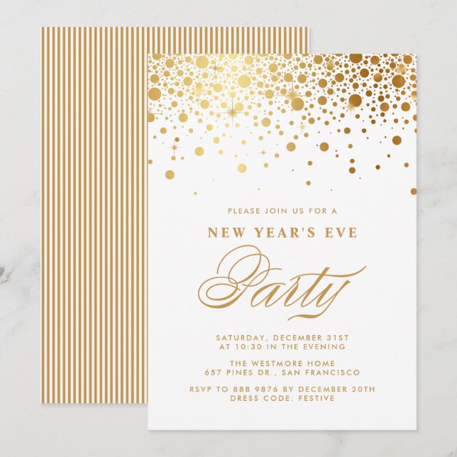 Imitate Gold Foil Confetti Silvester Party Einladung (Vorne/Hinten)