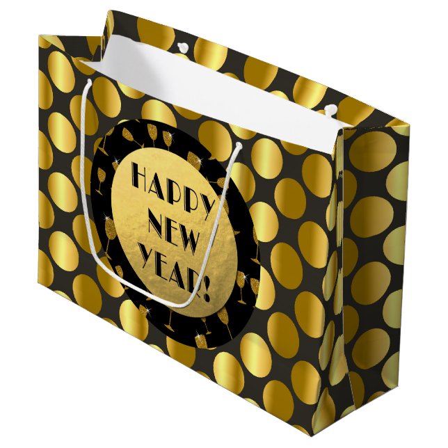 Imitate Gold Foil Dots, glücklich Neues Jahr! Gesc Große Geschenktüte (Vorderseite Schrägansicht)