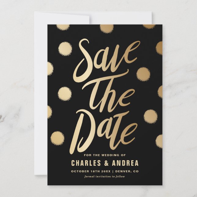 Imitate Gold Foil Dots Moderne Schwarz Save The Date (Vorderseite)