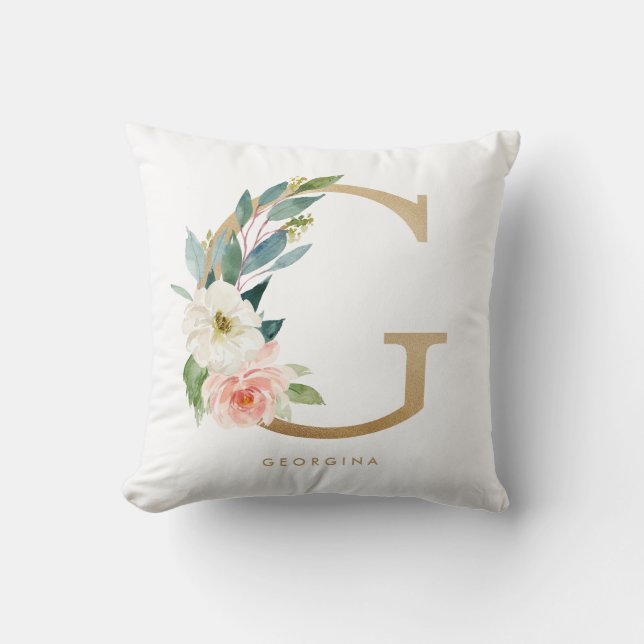 Imitate Gold Foil Floral Letter G Monogramm Kissen (Vorderseite)