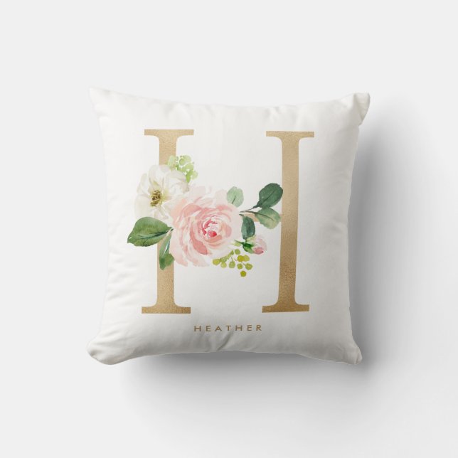 Imitate Gold Foil Floral Letter H Monogramm Kissen (Vorderseite)