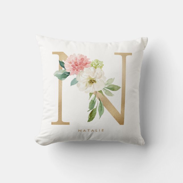 Imitate Gold Foil Floral Letter N Monogramm Kissen (Vorderseite)
