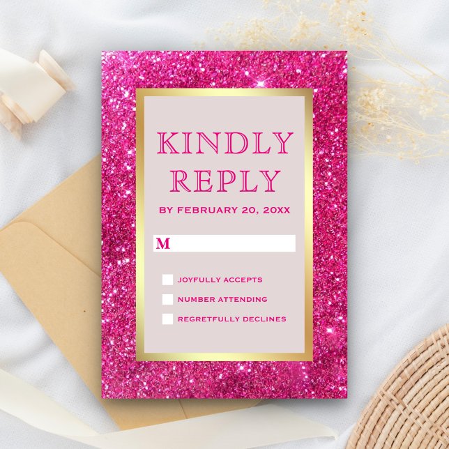 Imitate Gold Foil Hot Pink Glitzer Hochzeit RSVP Karte (Von Creator hochgeladen)