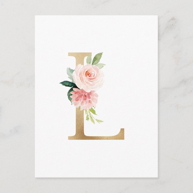 Imitate Gold Foil Letter L Blush Floral Monogramm Postkarte (Vorderseite)