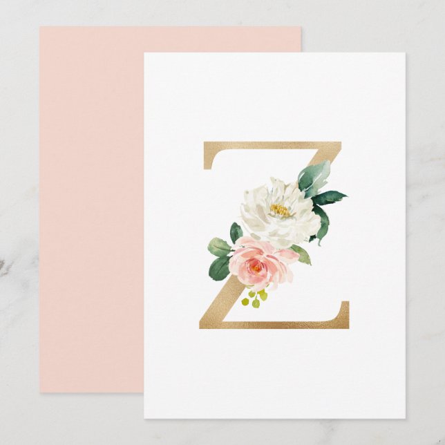 Imitate Gold Foil Letter Z Blush Floral Monogramm Einladung (Vorne/Hinten)