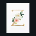 Imitate Gold Foil Letter Z Blush Floral Monogramm Postkarte<br><div class="desc">Eleganter und skurriler Brief Z monogramm Postkarte. Es zeichnet sich durch Aquarellfarben-Blume,  Grünpflanzen und Imitate Goldfolien-Beschriftung aus.</div>