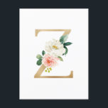 Imitate Gold Foil Letter Z Blush Floral Monogramm Postkarte<br><div class="desc">Eleganter und skurriler Brief Z monogramm Postkarte. Es zeichnet sich durch Aquarellfarben-Blume,  Grünpflanzen und Imitate Goldfolien-Beschriftung aus.</div>