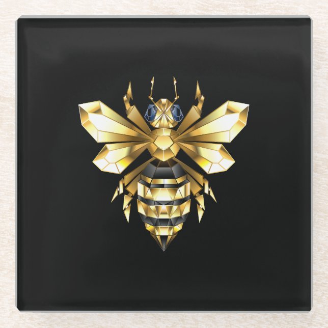 Imitate Gold Foil Logo Bee Polygonal auf Schwarz Glasuntersetzer (Vorderseite)
