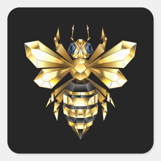 Imitate Gold Foil Logo Bee Polygonal auf Schwarz Quadratischer Aufkleber (Vorderseite)