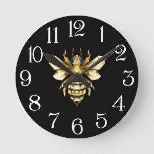 Imitate Gold Foil Logo Bee Polygonal auf Schwarz Runde Wanduhr