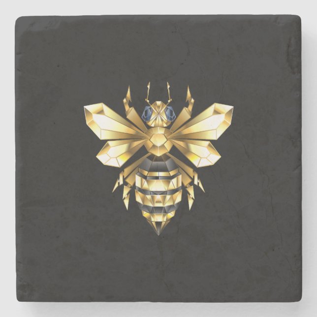 Imitate Gold Foil Logo Bee Polygonal auf Schwarz Steinuntersetzer (Vorderseite)