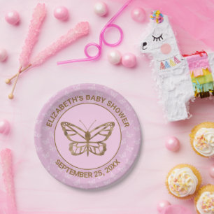 Imitate Gold Foil Look Butterfly - Lila Babydusche Pappteller