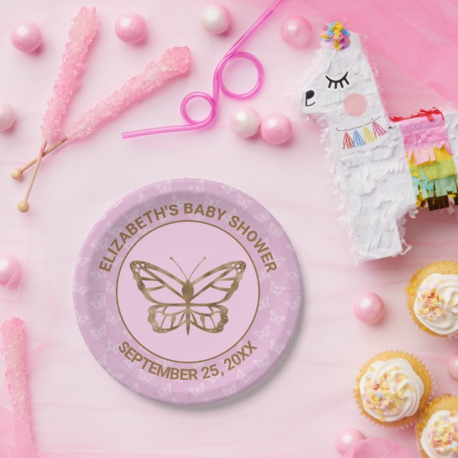 Imitate Gold Foil Look Butterfly - Lila Babydusche Pappteller (Party)