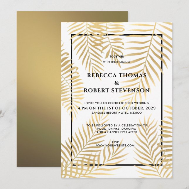 Imitate Gold Foil Palm Blätter Tropical Beach Hoch Einladung (Vorne/Hinten)