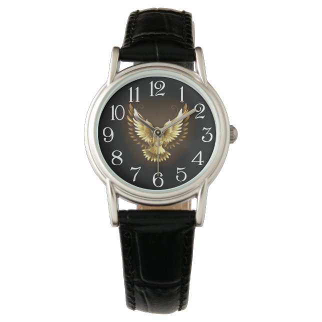 Imitate Gold Foil Peace Dove auf Black Armbanduhr (Vorderseite)