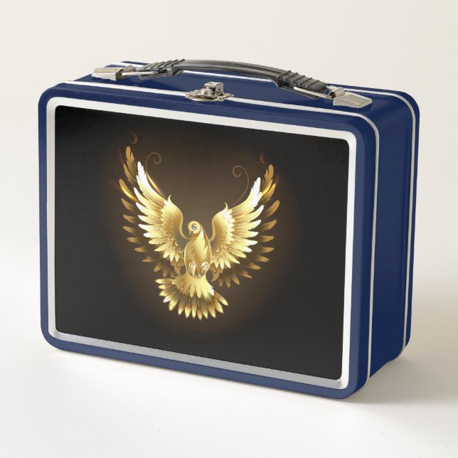 Imitate Gold Foil Peace Dove auf Black Metall Brotdose (Vorderseite)
