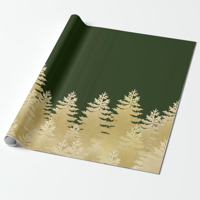 Imitate Gold Foil Pine Trees Dunkelgrüner Hintergr Geschenkpapier (Ungerollt)