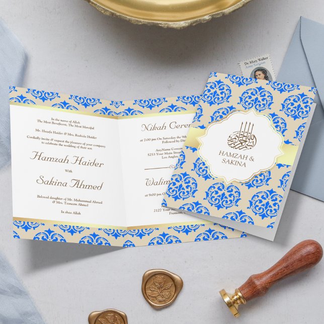 Imitate Gold Foil Royal Blue Damask muslimische Ho Einladung (Von Creator hochgeladen)