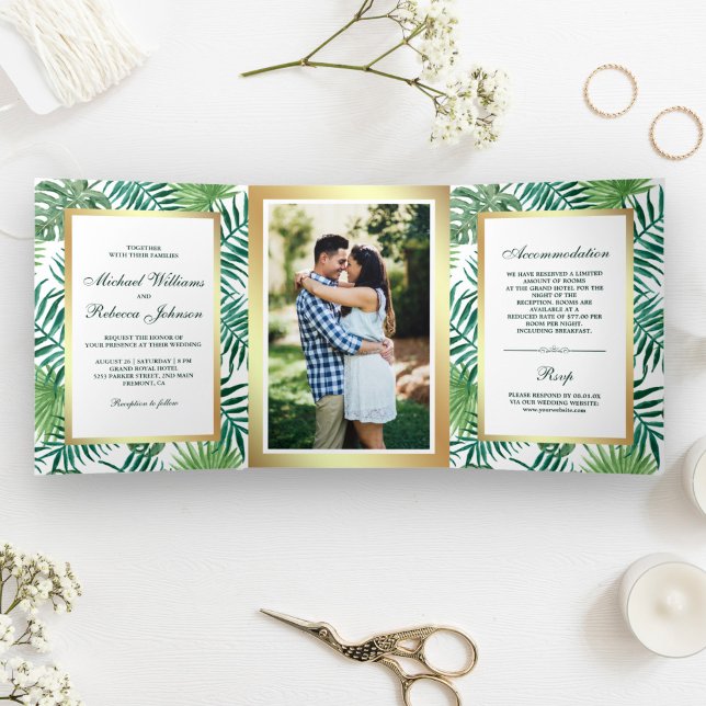 Imitate Gold Foil Tropical Palm Blätter Foto Hochz Dreifach Gefaltete Einladung (Von Creator hochgeladen)