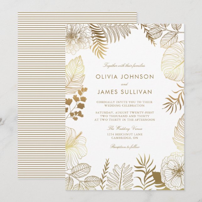 Imitate Gold Foil Tropical Pflanze Rahmen Hochzeit Einladung (Vorne/Hinten)