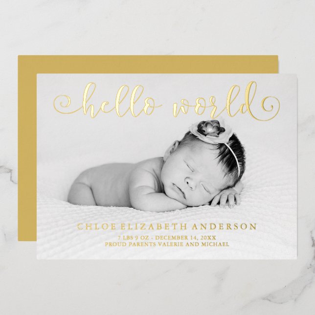 Imitate Gold Foil Typografy Foto Kinderankündigung Folieneinladung (Vorderseite/Rückseite)