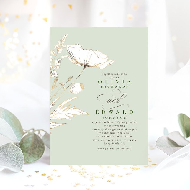Imitate Gold Foil Wildblumen Sage Green Wedding Einladung (Soft Green Wildflowers Wedding Invitation )