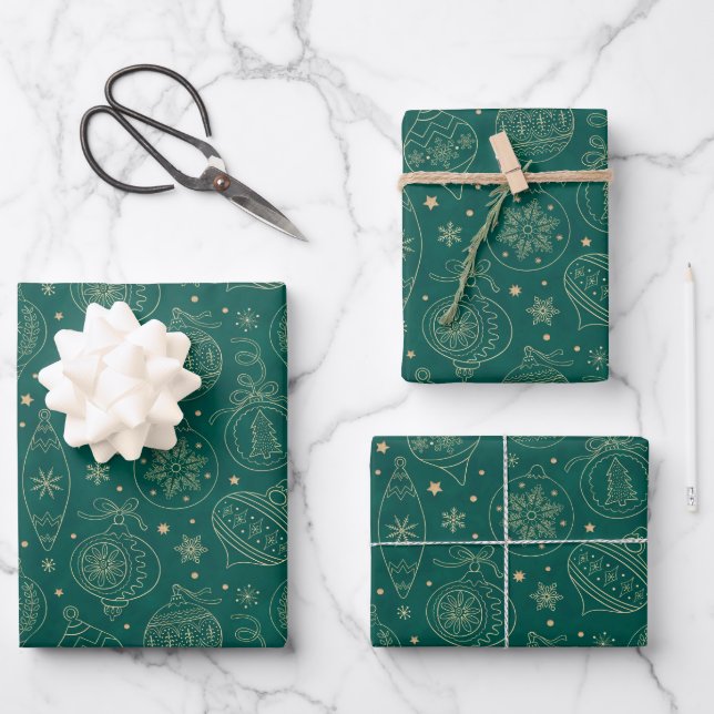 Imitate Gold Foil Xmas Baumdekoration Muster Grün Geschenkpapier Set (Vorderseite)