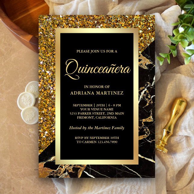 Imitate Gold Glitzer Black Gold Marmor Quinceanera Einladung (Von Creator hochgeladen)