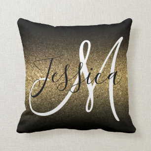 Imitate Gold Glitzer Black Ombre Monogram Kissen