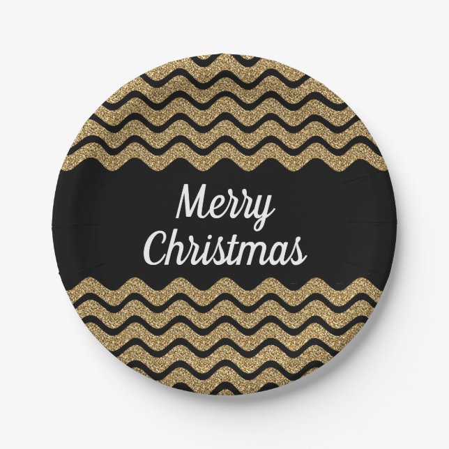 Imitate Gold Glitzer Black Strips Weihnachten Pappteller (Vorderseite)