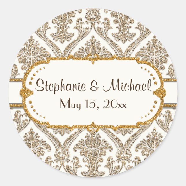 Imitate Gold Glitzer Damask Blumenmuster-Papier Runder Aufkleber (Vorderseite)