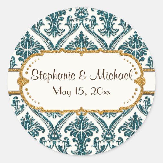Imitate Gold Glitzer Damask Blumenmuster-Papier Runder Aufkleber (Vorderseite)
