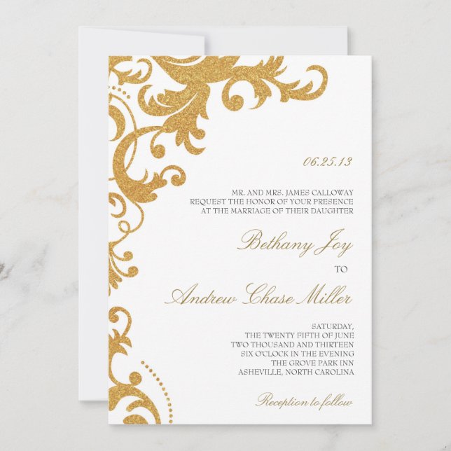 Imitate Gold Glitzer Elegante Damask Einladung (Vorderseite)