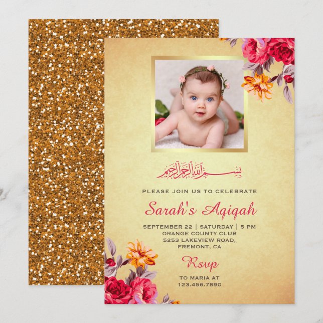 Imitate Gold Glitzer Floral Baby Girl Foto Aqiqah Einladung (Vorne/Hinten)